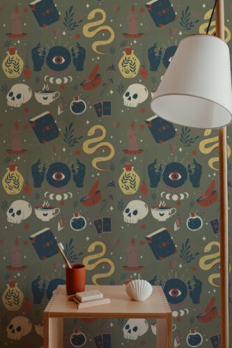 Minimal style bathroom decorated with Esoteric elements peel and stick wallpaper