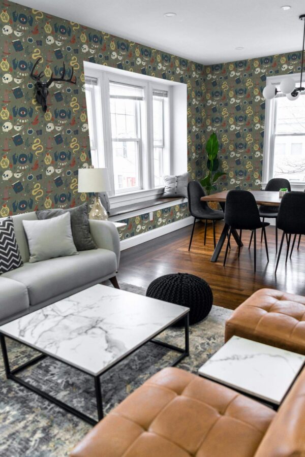 Mid-century modern scandinavian style living dining room decorated with Esoteric elements peel and stick wallpaper