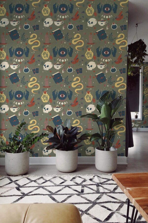 Scandinavian style living room decorated with Esoteric elements peel and stick wallpaper