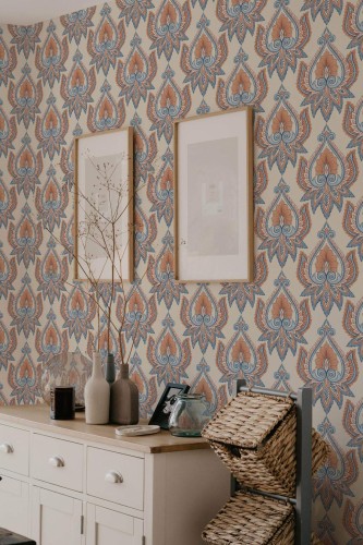 Scandinavian style bedroom decorated with Ethnic floral peel and stick wallpaper
