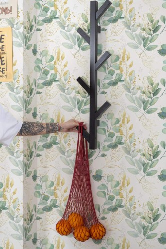 Scandinavian style kitchen decorated with Eucalyptus plant peel and stick wallpaper