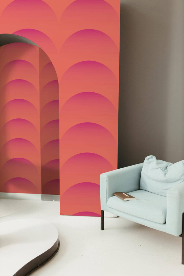 Mondern boho style living room decorated with Fading sunset peel and stick wallpaper
