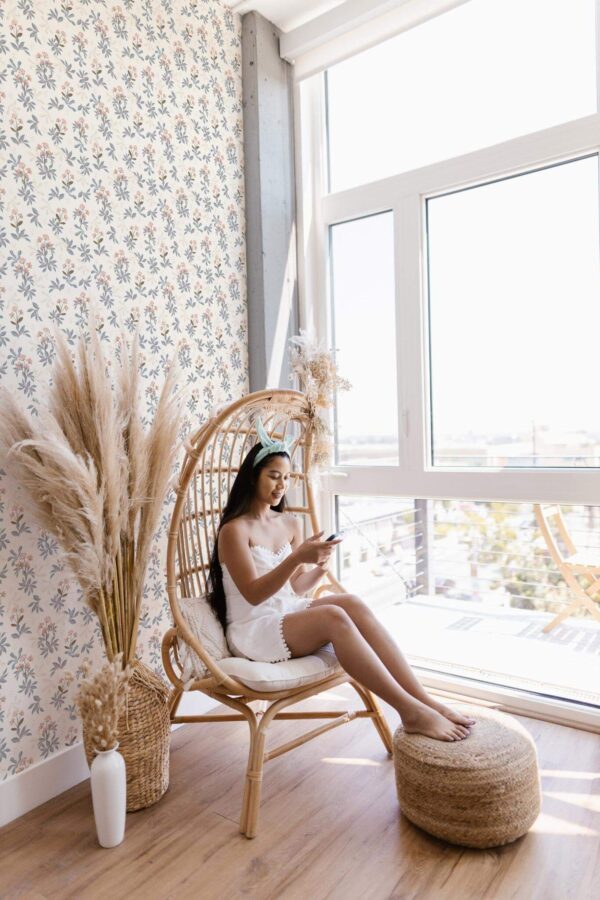 Boho style beauty salon decorated with Fall floral peel and stick wallpaper