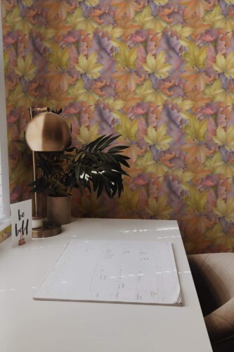 Rustic style home office decorated with Fall leaf peel and stick wallpaper