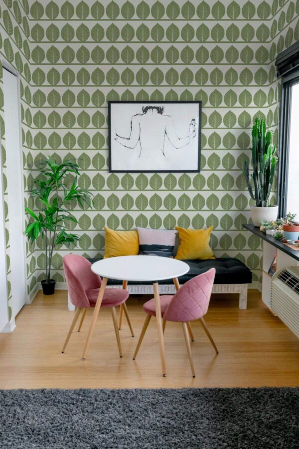 Eclectic style living room decorated with Fall leaves peel and stick wallpaper