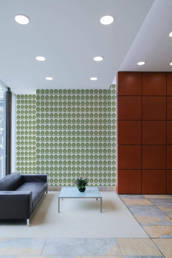 Minimal mid-century style living room decorated with Fall leaves peel and stick wallpaper