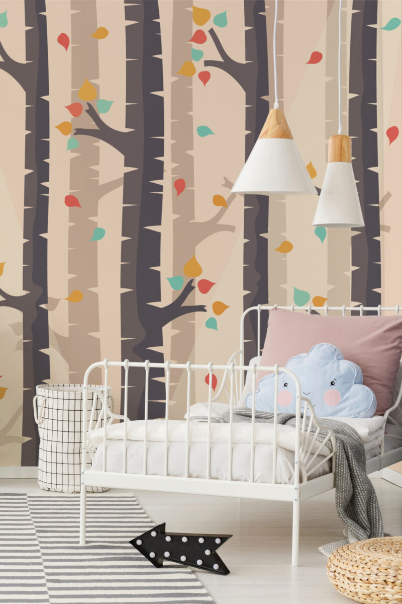 Autumn Trees Wall Mural with drawn brown trees and colorful fall leaves, ideal for accent walls, bedrooms, and cozy living room spaces.