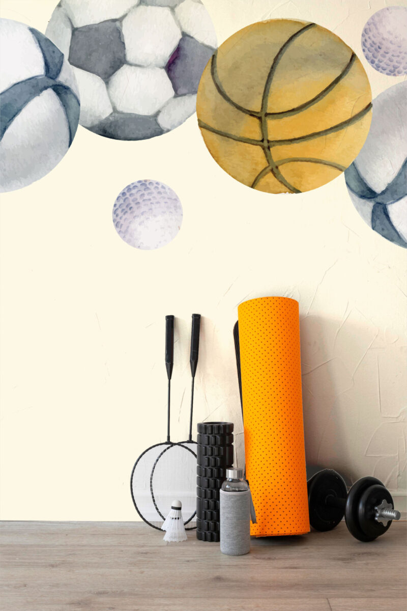 Falling Watercolor Sports Balls Wall Mural with painted balls in soft watercolor tones on a white background, ideal for kids’ rooms and play areas.