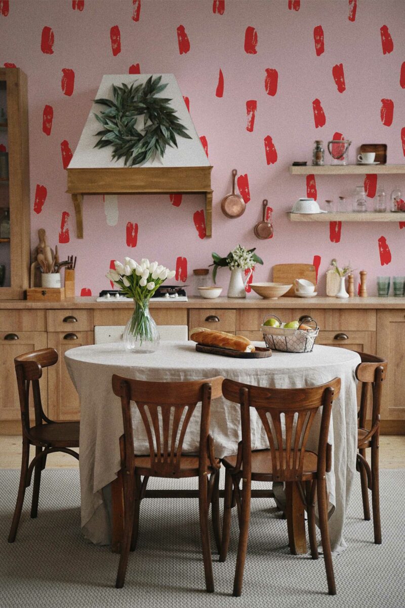 Pink Strawberry Bliss wall mural with pink and red abstract brushstroke design, perfect for living rooms, dining areas, or creative accent walls.