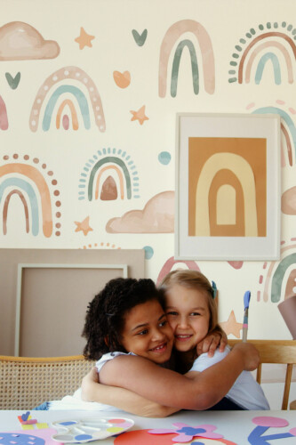 Boho Rainbow peel and stick or non-pasted wall mural for nursery and kids room. Fancy Walls removable self-adhesive or traditional eco-friendly and PVC-free watercolor boho rainbows mural wallpaper