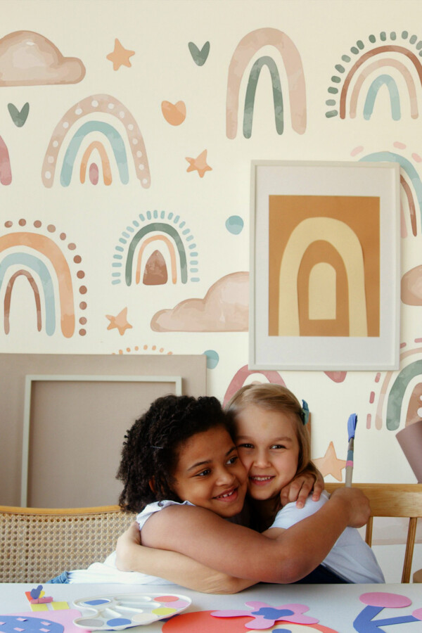 Boho Rainbow peel and stick or non-pasted wall mural for nursery and kids room. Fancy Walls removable self-adhesive or traditional eco-friendly and PVC-free watercolor boho rainbows mural wallpaper