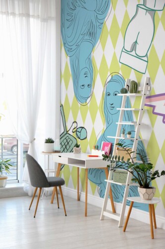 Cool Mona Lisa Art Wall Mural with quirky doodles, computer icons, and bold harlequin green background, perfect for game rooms, creative studios, and eclectic interiors.