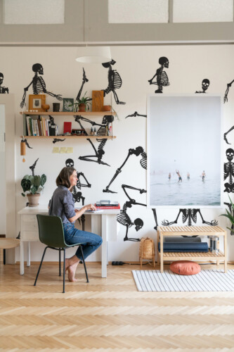 Novelty style black and white skeleton wall mural by Fancy Walls