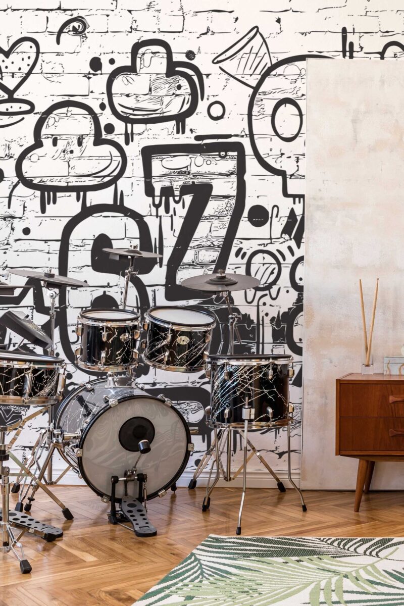 Artistic Graffiti Wall Mural with bold black and white graffiti artwork on a brick wall, ideal for game rooms, modern spaces, or edgy accent walls.