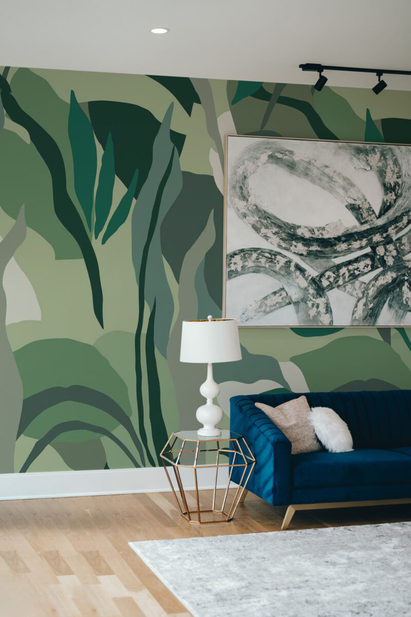 Green Abstract Leaves peel and stick or non-pasted wall mural. Fancy Walls removable self-adhesive or traditional abstract tree and forest eco-friendly and PVC-free living room mural wallpaper.