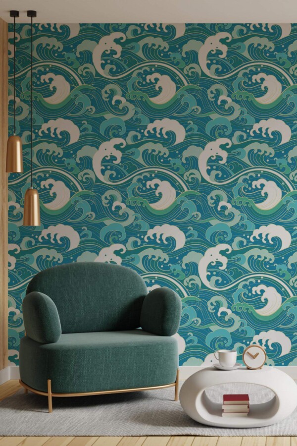 Contemporary style living room decorated with Fancy waves peel and stick wallpaper