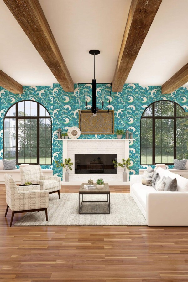Light farmhouse style living room decorated with Fancy waves peel and stick wallpaper