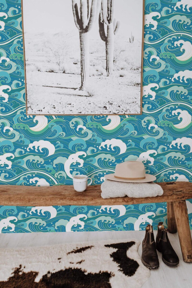 Scandinavian style entryway decorated with Fancy waves peel and stick wallpaper