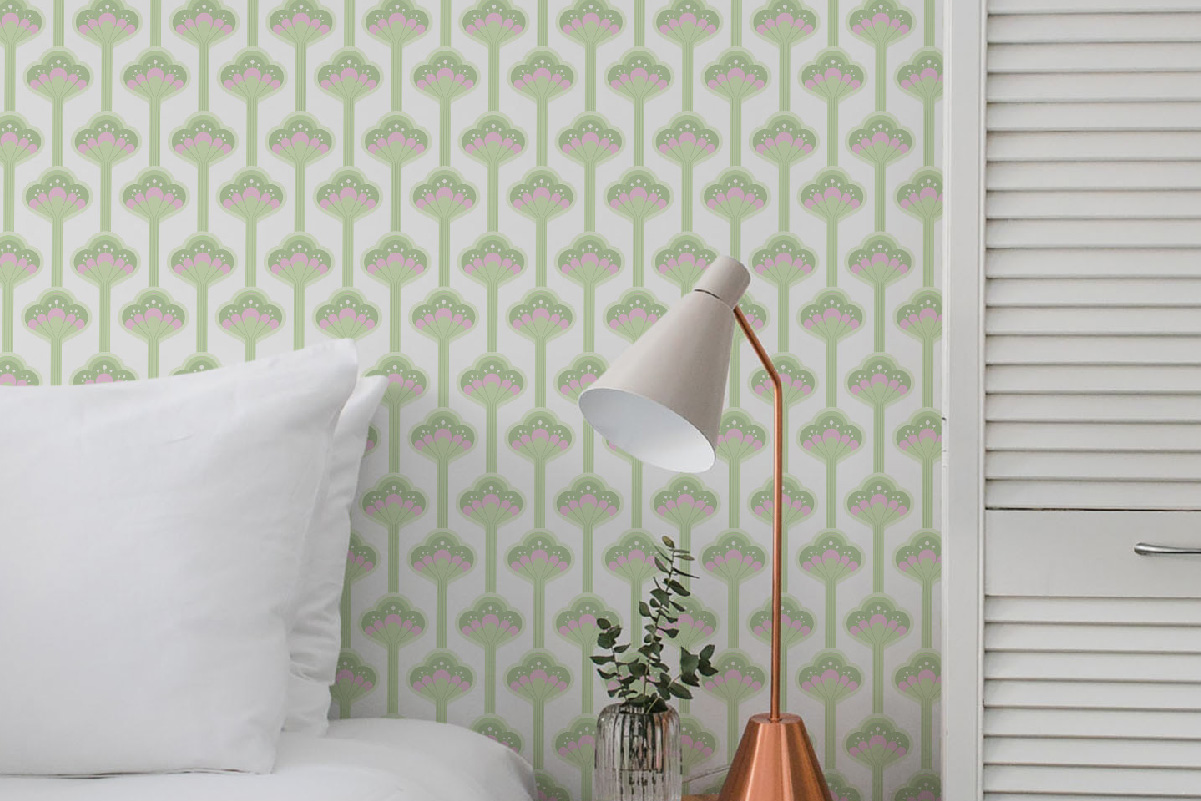 Scandi-style bedroom featuring pastel green retro floral wallpaper with a copper lamp – PVC-free peel and stick wallpaper with vintage flair.