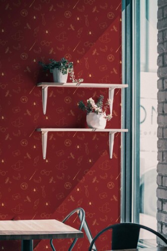 Industrial style cafe decorated with Fantasy wizard peel and stick wallpaper