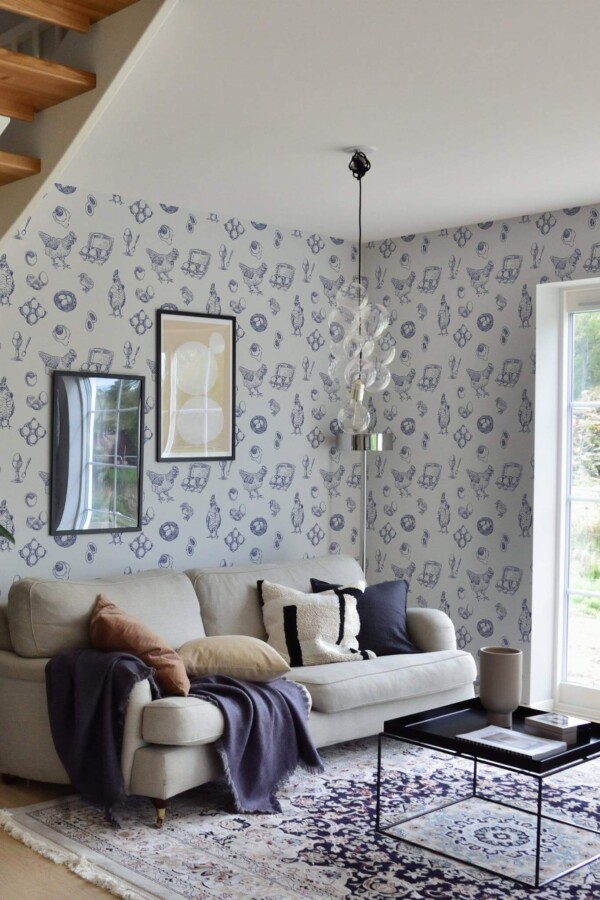 Contemporary style living room and kitchendecorated with Farmhouse chicken peel and stick wallpaper