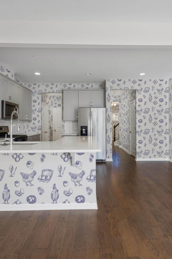 Minimal scandinavian style kitchen decorated with Farmhouse chicken peel and stick wallpaper