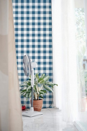 Minimal style living room decorated with Farmhouse gingham peel and stick wallpaper