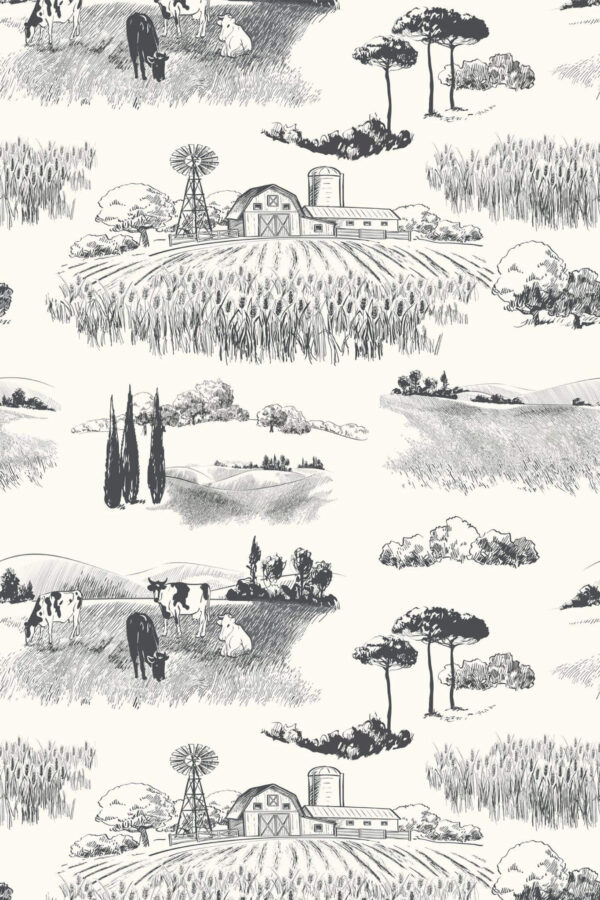 Pattern repeat of Farmhouse toile removable wallpaper design