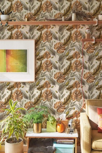Southwestern style living room decorated with Feather boho peel and stick wallpaper