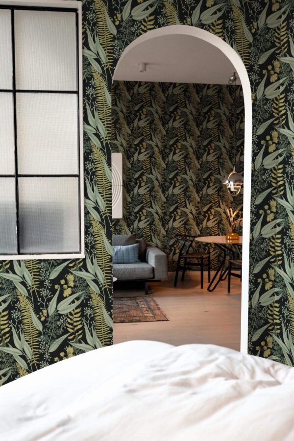 Modern scandinavian style living room decorated with Fern leaf peel and stick wallpaper