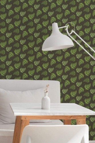 Minimal style dining room decorated with Fern peel and stick wallpaper
