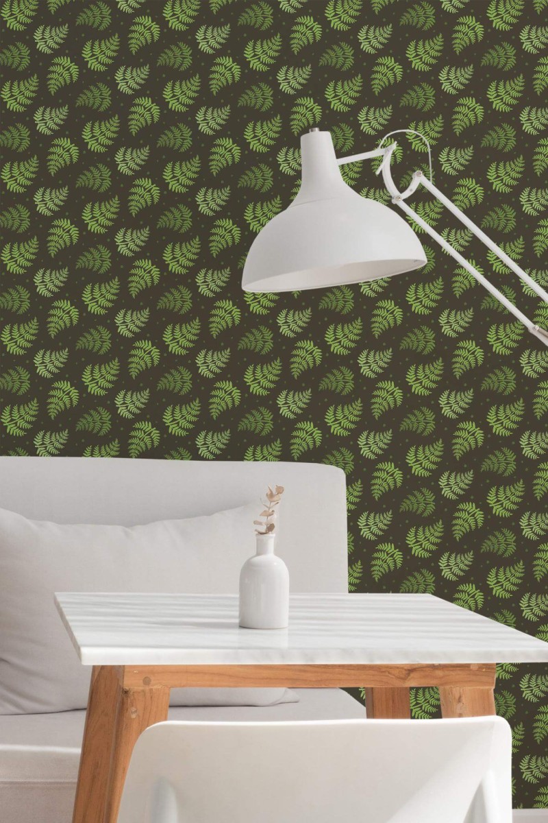 Minimal style dining room decorated with Fern peel and stick wallpaper