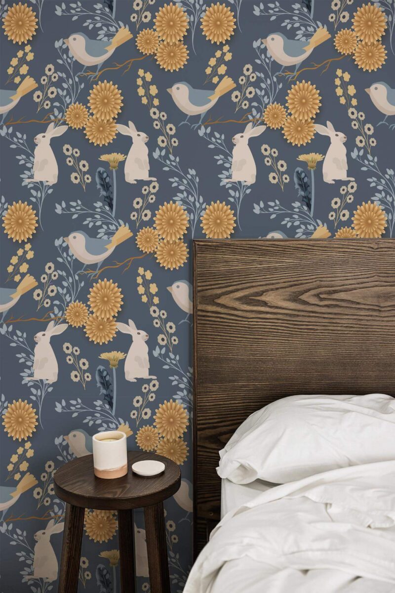 Farmhouse style bedroom decorated with Fine decor peel and stick wallpaper