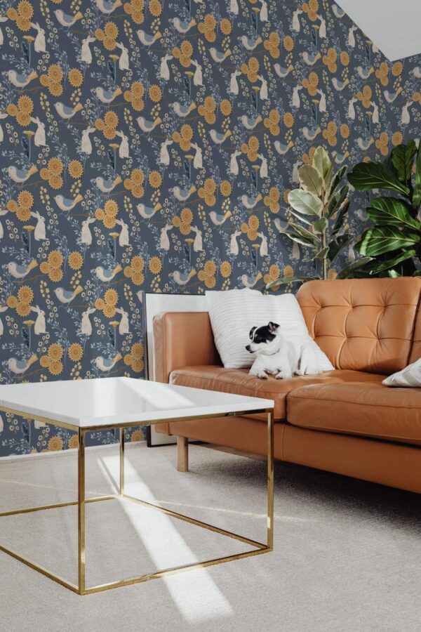 Mid-century modern style living room with dog on a sofa decorated with Fine decor peel and stick wallpaper