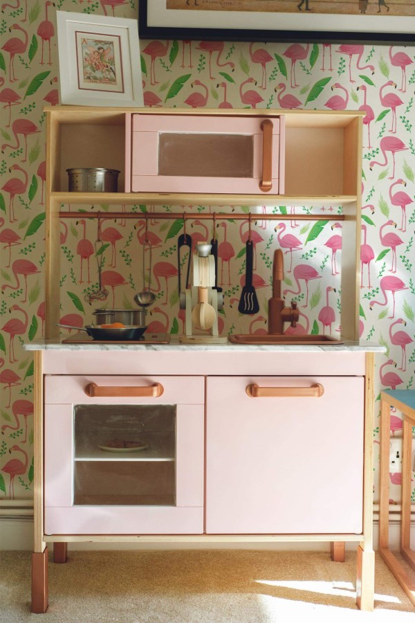 Boho style kids playroom decorated with Flamingo peel and stick wallpaper
