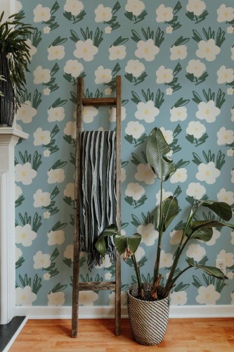 Scandinavian style living room decorated with Floral accent peel and stick wallpaper