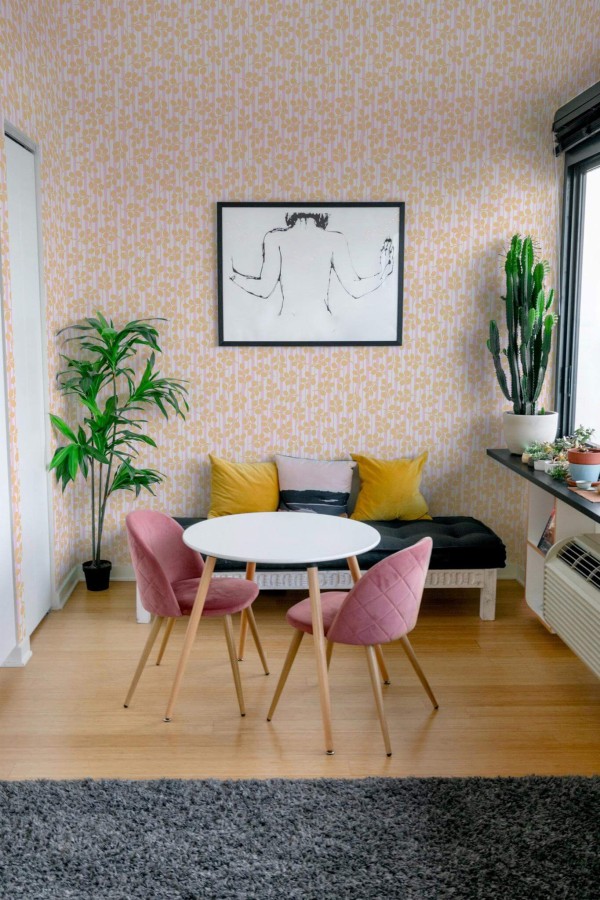 Eclectic style living room decorated with Floral and stripes peel and stick wallpaper