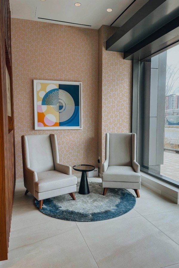 Mid-century-modern style living room decorated with Floral and stripes peel and stick wallpaper
