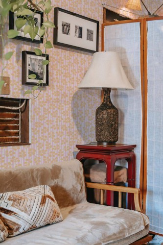 Southwestern style living room decorated with Floral and stripes peel and stick wallpaper