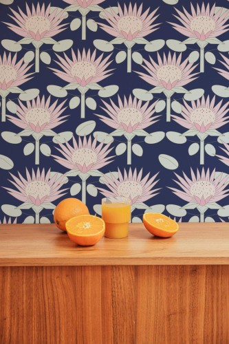 Mid-century style living room decorated with Floral Art deco peel and stick wallpaper