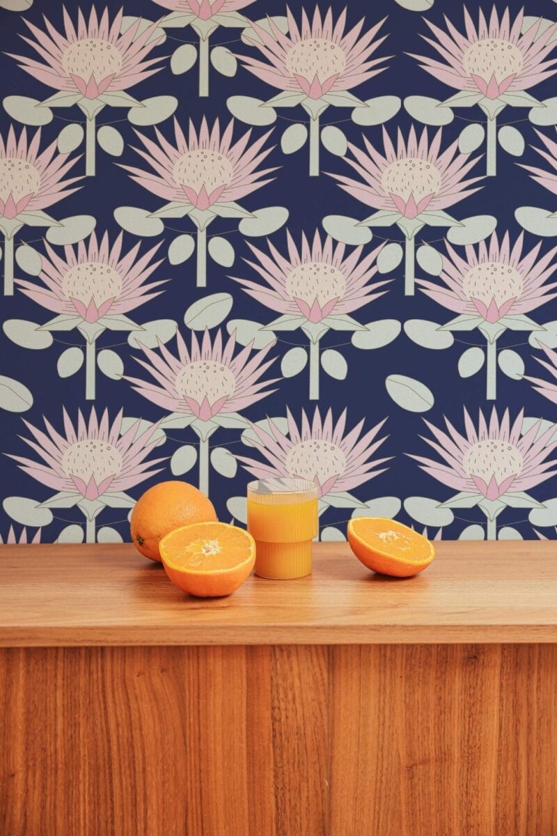 Mid-century style living room decorated with Floral Art deco peel and stick wallpaper