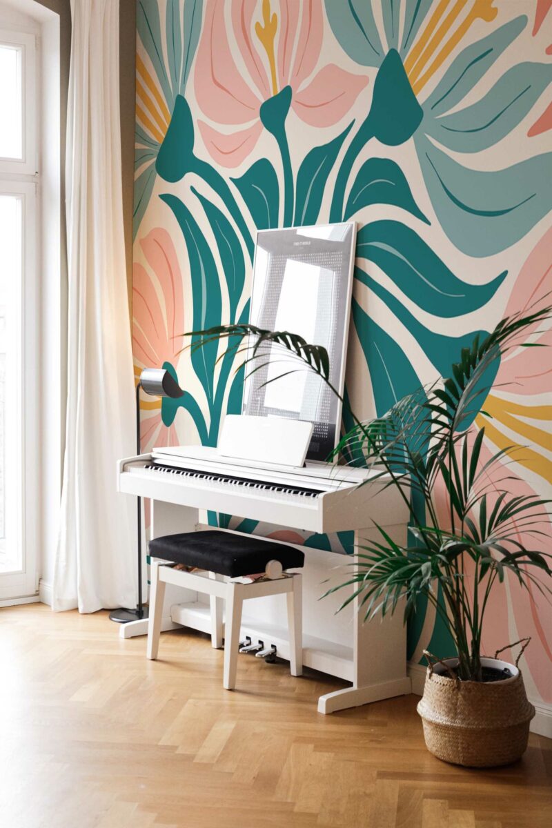 Floral Bliss peel and stick or non-pasted wall mural. Fancy Walls removable self-adhesive or traditional botanical floral eco-friendly and PVC-free living room wall mural.