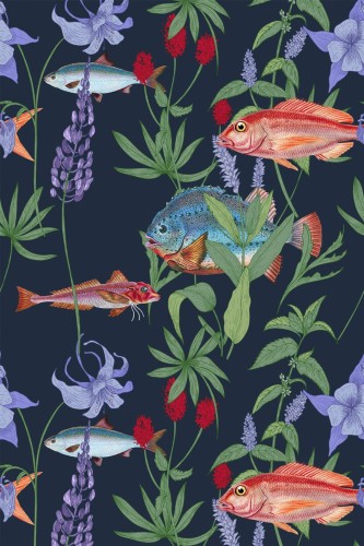 Pattern repeat of Floral fish removable wallpaper design