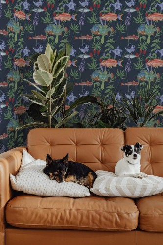 Mid-century modern style living room decorated with Floral fish peel and stick wallpaper