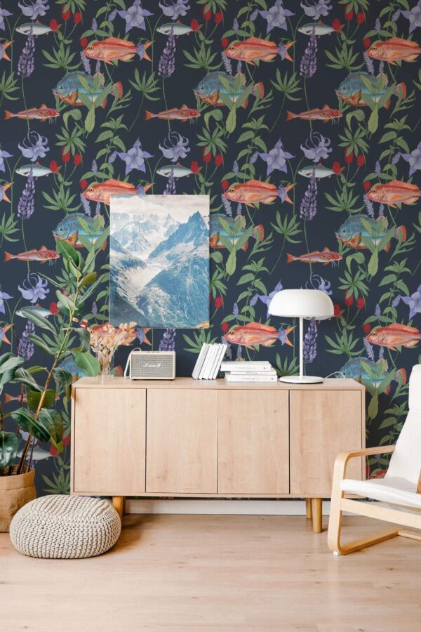 Scandinavian style living room decorated with Floral fish peel and stick wallpaper