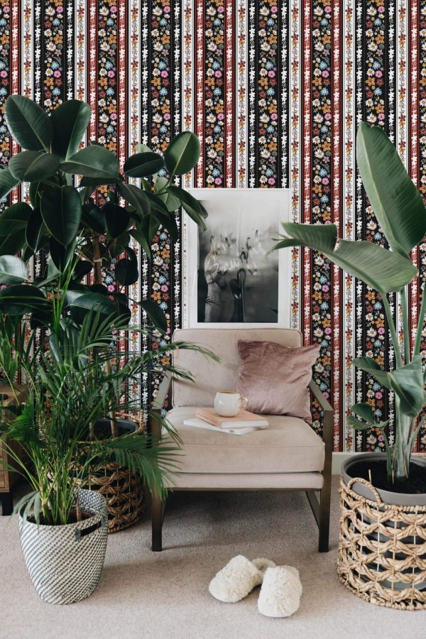 Modern boho style living room decorated with Floral striped peel and stick wallpaper