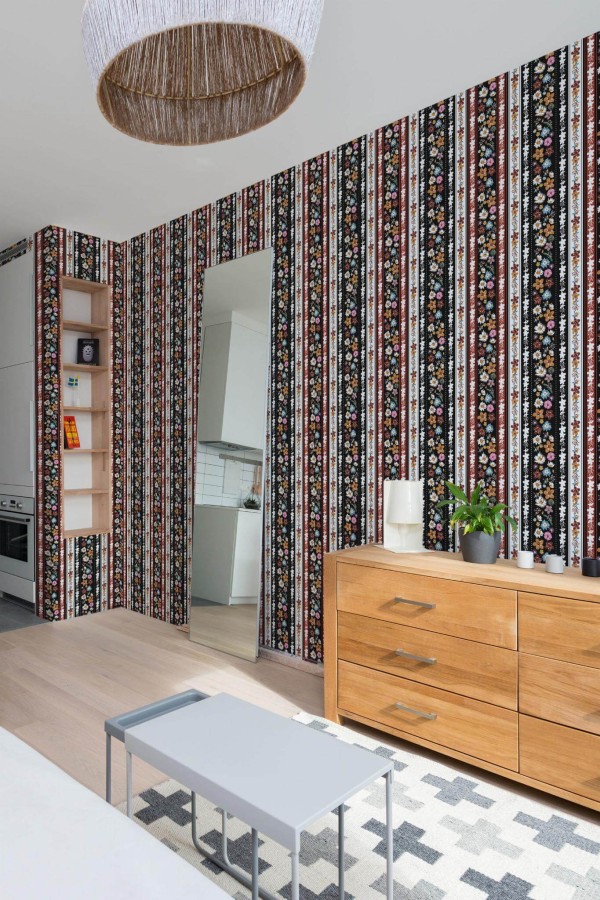 Scandinavian style small apartment decorated with Floral striped peel and stick wallpaper