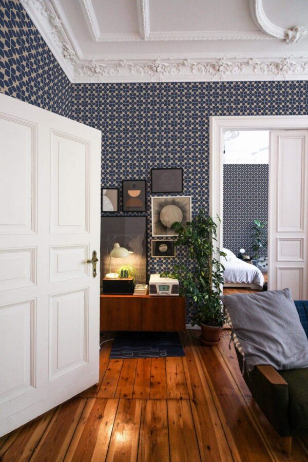 Mid-century modern luxury style living room and bedroom decorated with Floral tile peel and stick wallpaper
