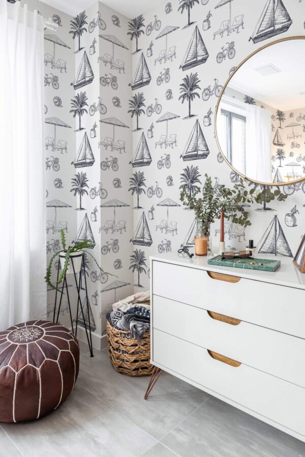 Minimal Mediterranean style powder room decorated with Florida toile peel and stick wallpaper