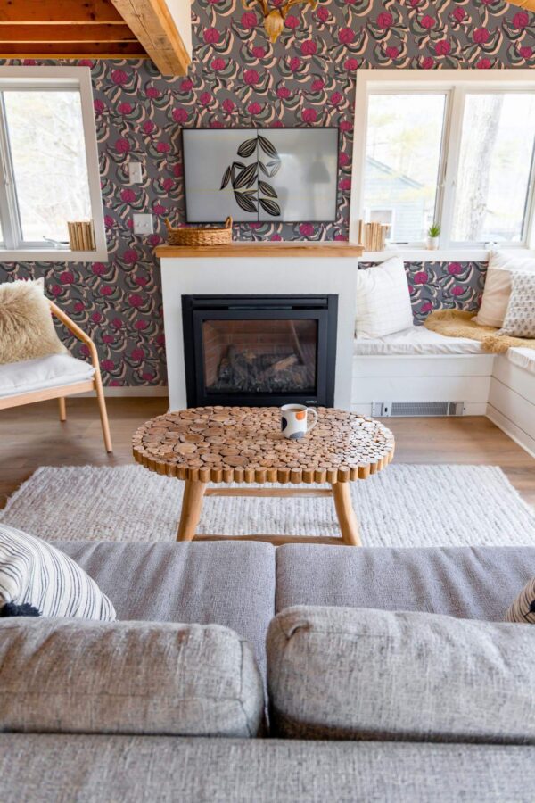 Farmhouse boho style living room decorated with Flower bud peel and stick wallpaper